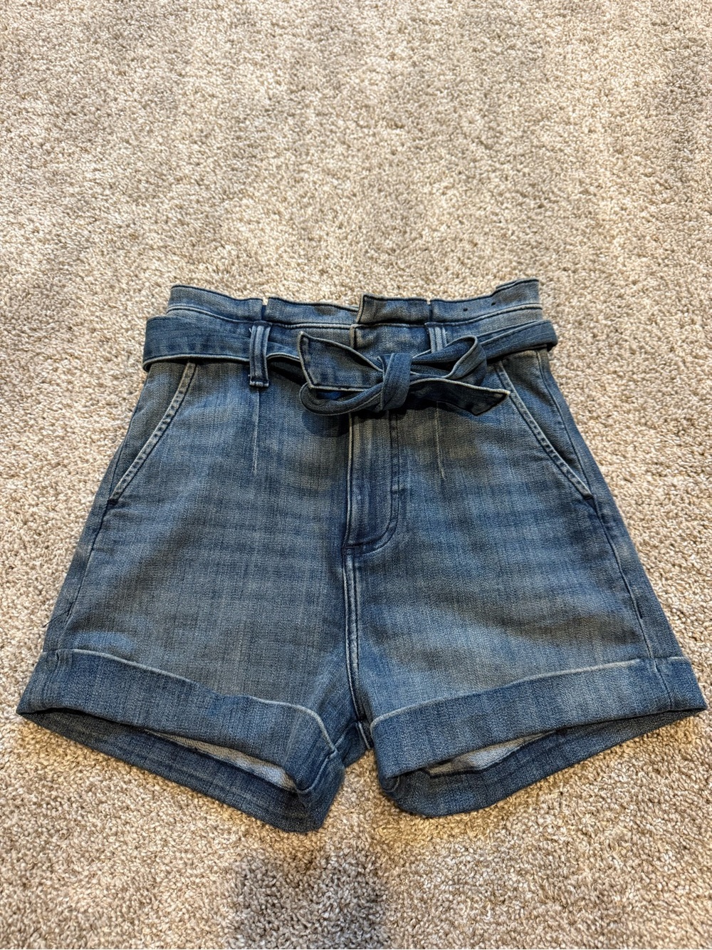 Express High-Waist Blue Denim Tie-Belt Paperbag Shorts